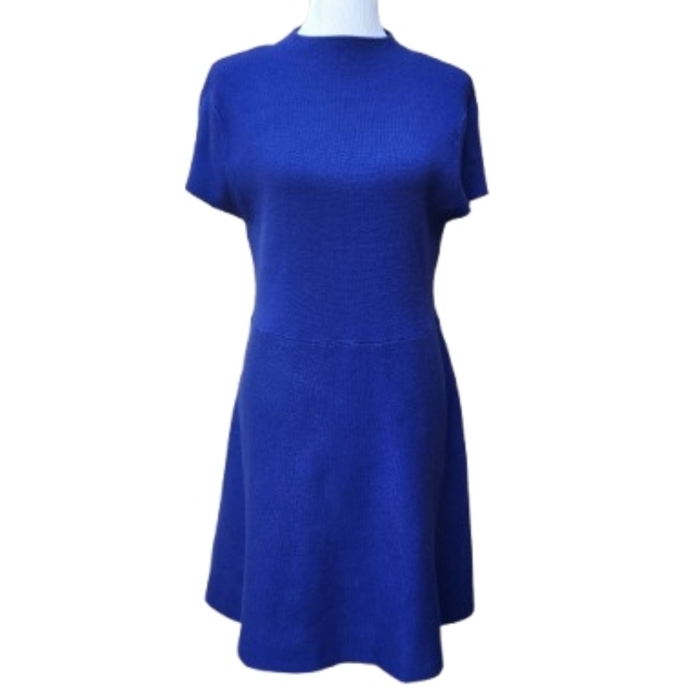 Scoop Blue Knit A-Line Dress Mockneck Short Sleeves Solid Modest